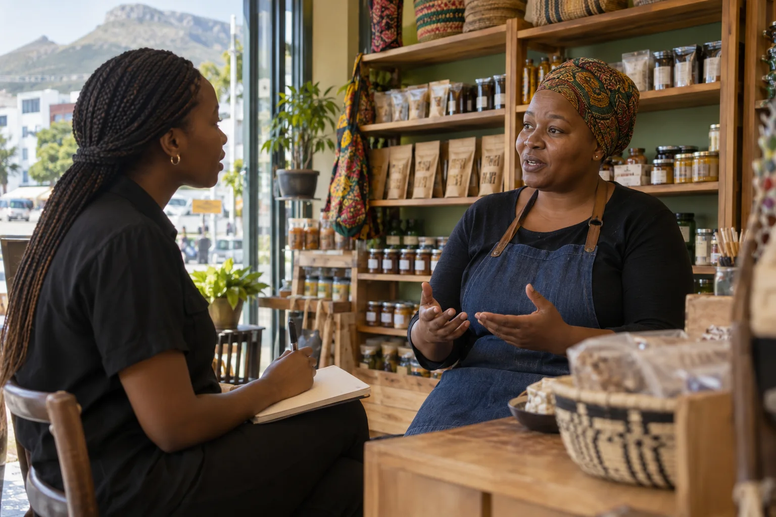 A solo founder interviewing a local small shop owner beside neatly arranged shelves, candid side angle
