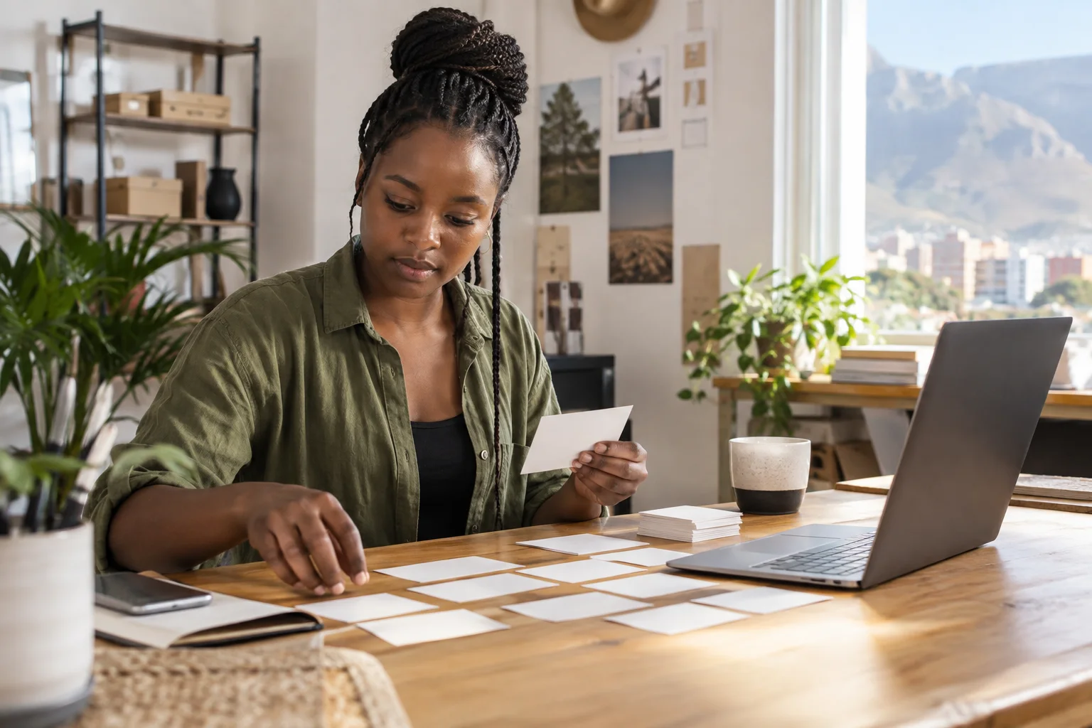 A freelancer sorting an order schedule with blank paper cards beside a laptop in a modest bright office
