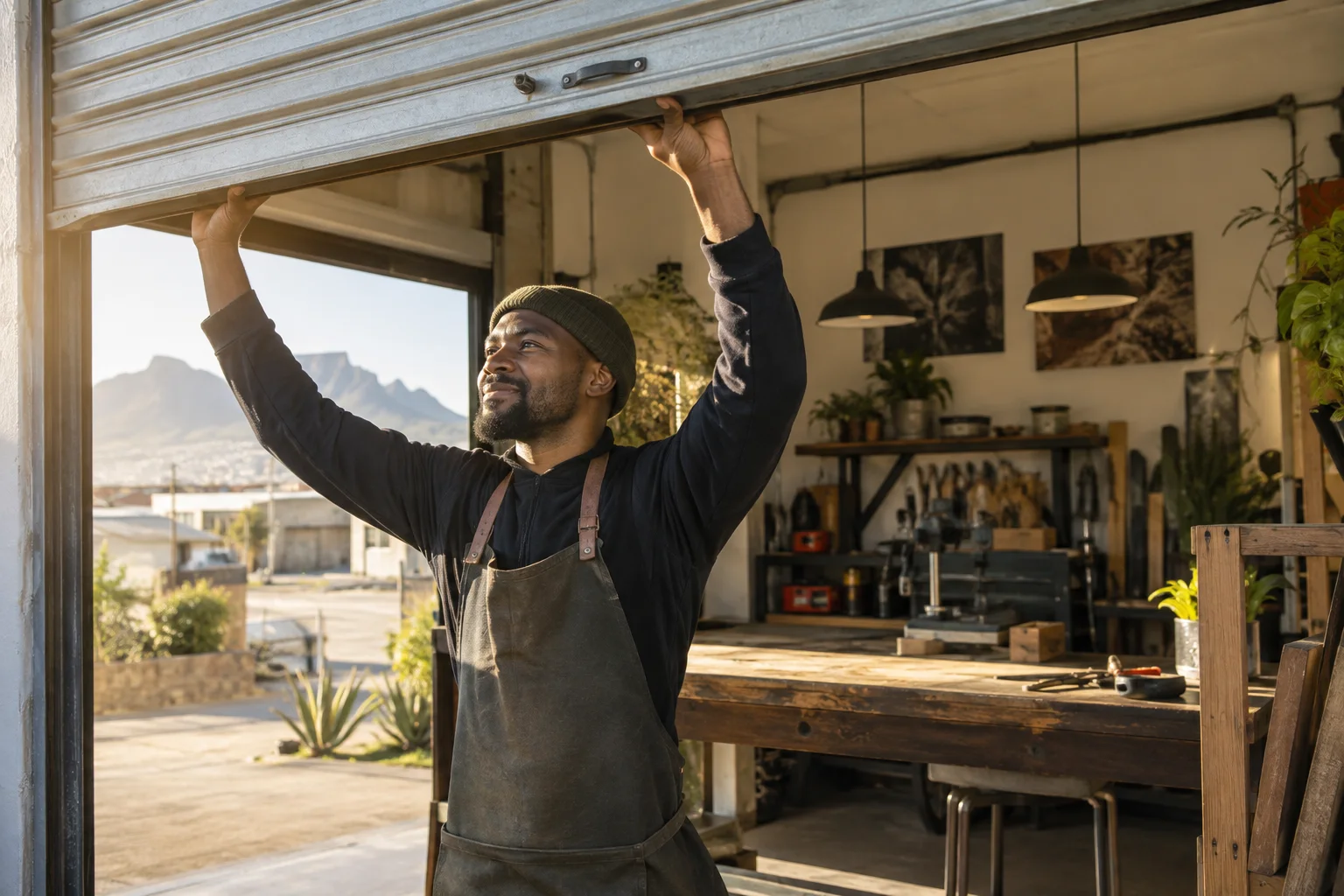A South African independent entrepreneur opening his workshop in soft early morning light