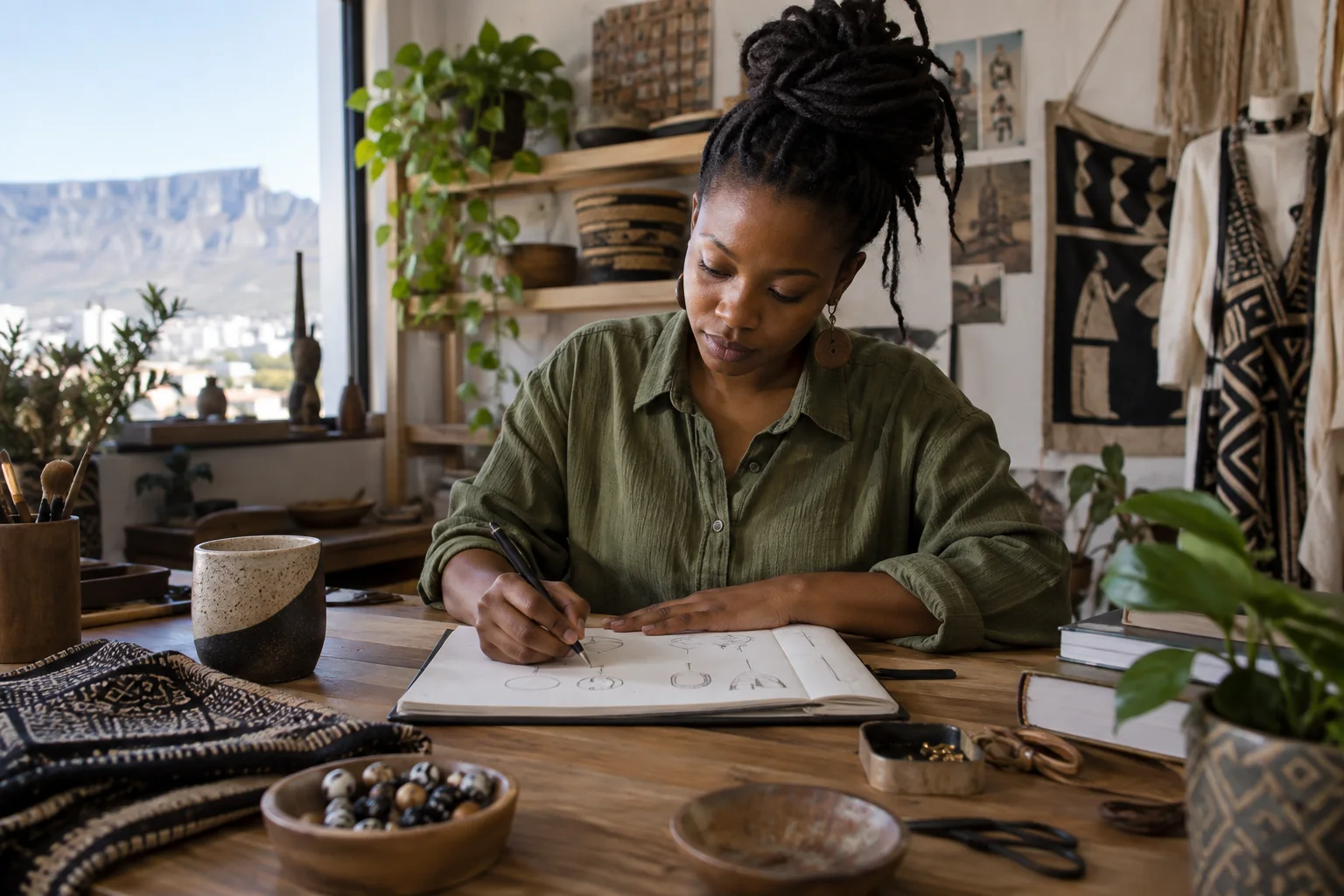 South African independent craft business owner sketching a new service idea at a compact wooden studio desk