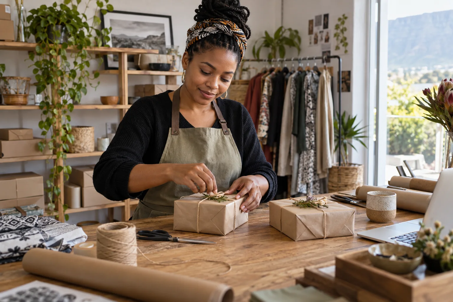 A one-person business owner packing two small customer parcels at an organised home studio workbench